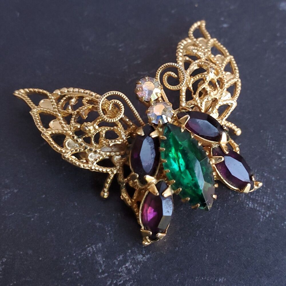 Gold Tone Butterfly Brooch Pin Green Purple Rhinestone Fancy Intricate 1.5 Inch